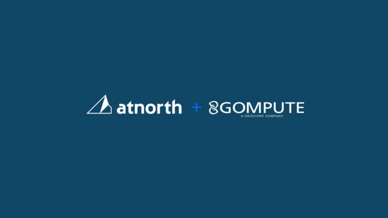 Logos of atnorth and Gompute against a dark blue background, with a plus sign between them.