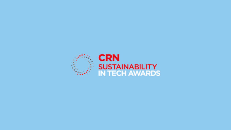 Logo for the CRN Sustainability in Tech Awards on a blue background with a circular dotted design.