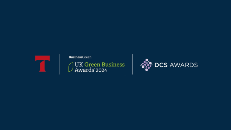 Logos for the T, UK Green Business Awards 2024 by BusinessGreen, and DCS Awards on a blue background.