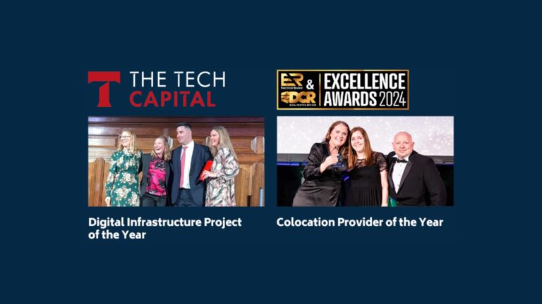 Two award ceremonies: one for Digital Infrastructure Project of the Year, and another for Colocation Provider of the Year, with groups of people holding trophies.