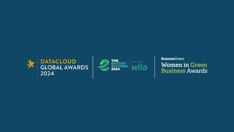 Logos for three events: Datacloud Global Awards 2024, The Energy Awards 2024 by Wilo, and BusinessGreen Women in Green Business Awards.