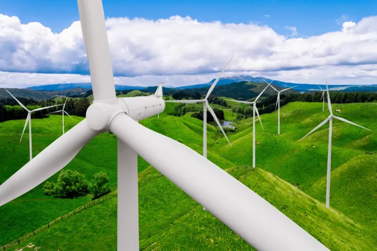 Wind turbines stand majestically on a lush green hillside, their blades slicing through the air as they harness the wind's energy under a blue sky dotted with clouds, subtly echoing the efficiency of a cutting-edge data center.