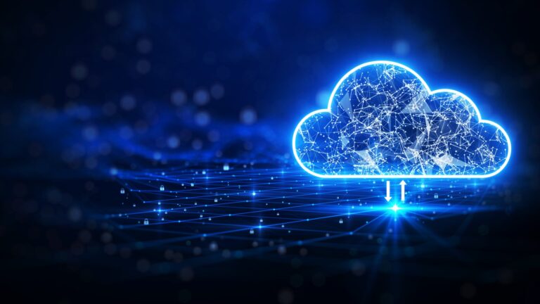 Glowing digital cloud icon with interconnected network lines on a dark blue background, symbolizing cloud computing and data transfer.