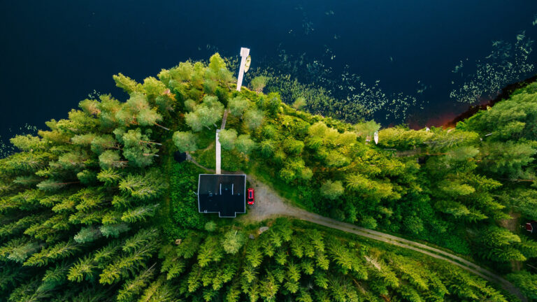 An aerial view reveals a small house nestled in a dense green forest, with a dock extending into the dark blue lake. Nearby, a discreet data center blends effortlessly into the natural landscape, fostering harmony between technology and nature.