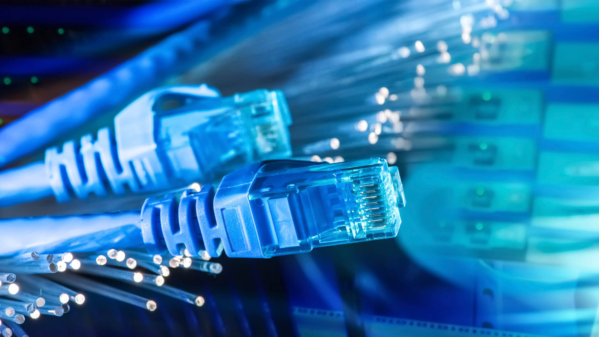 Close-up of two blue Ethernet cables connected in front of a blurred background of optical fibers, evoking the cutting-edge connectivity and network technology vital to a data center.