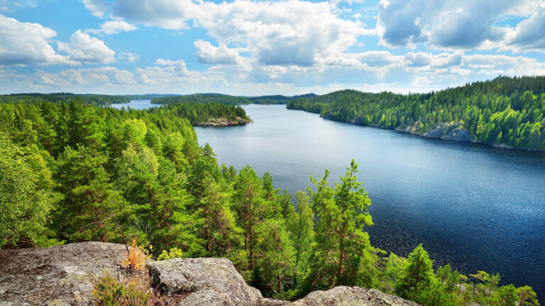 Scenic view of a lake nestled beside a data center, surrounded by lush green forests under a partly cloudy sky.