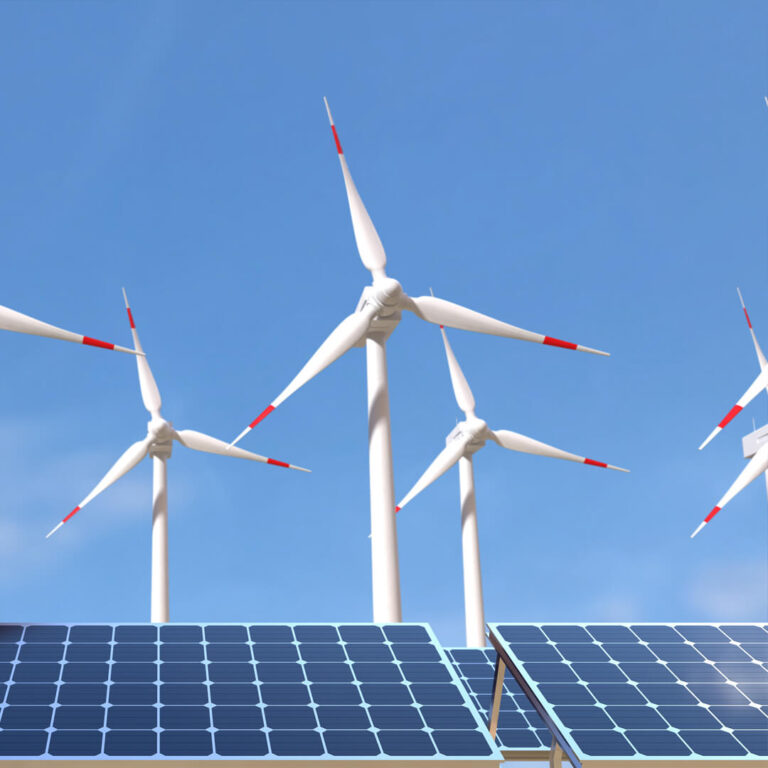 Several wind turbines and solar panels under a clear blue sky power sustainable data centers efficiently.