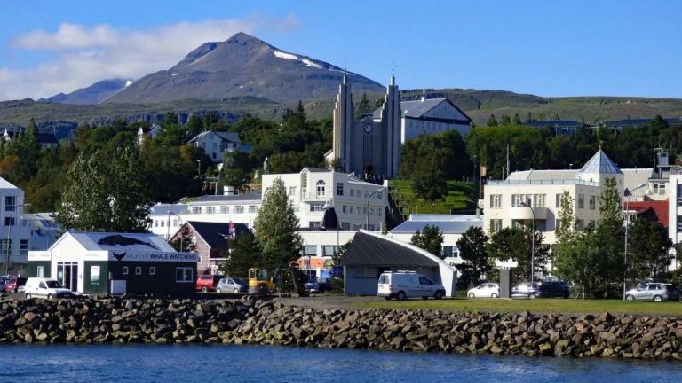 Coastal town with charming buildings, a historic church, and lush green hills, set against majestic mountains under a clear blue sky—a surprisingly picturesque spot for a modern data center.
