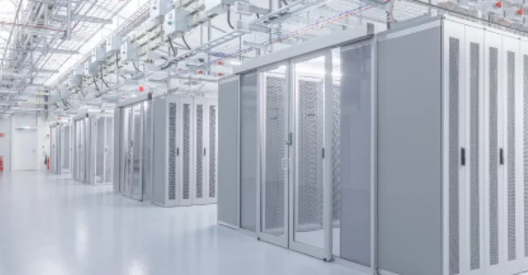 A row of modern server racks in a data center with cooling and cable management overhead.