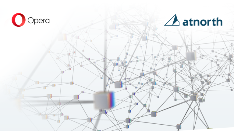 Network diagram with interconnected nodes, featuring Opera and atnorth logos in the corners.