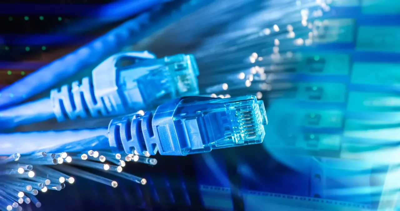 Close-up of two blue Ethernet cables and fiber optic strands, set against a blurred background showcasing data center network equipment.