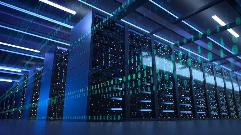 A futuristic data center hums with life, its rows of servers bathed in a serene blue light. Digital binary code dances over the scene, vividly embodying technology and data processing themes.