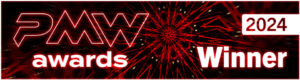 PMW Awards 2024 Winner banner with red and black abstract background.