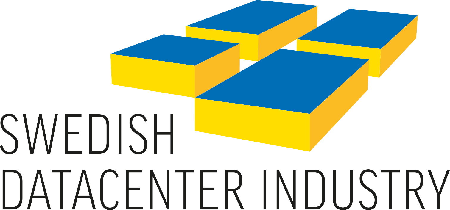 Logo of the Swedish Data Center Industry featuring stylized building blocks in yellow and blue above the text 