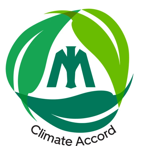 Green and blue intertwined leaf design with stylized central 