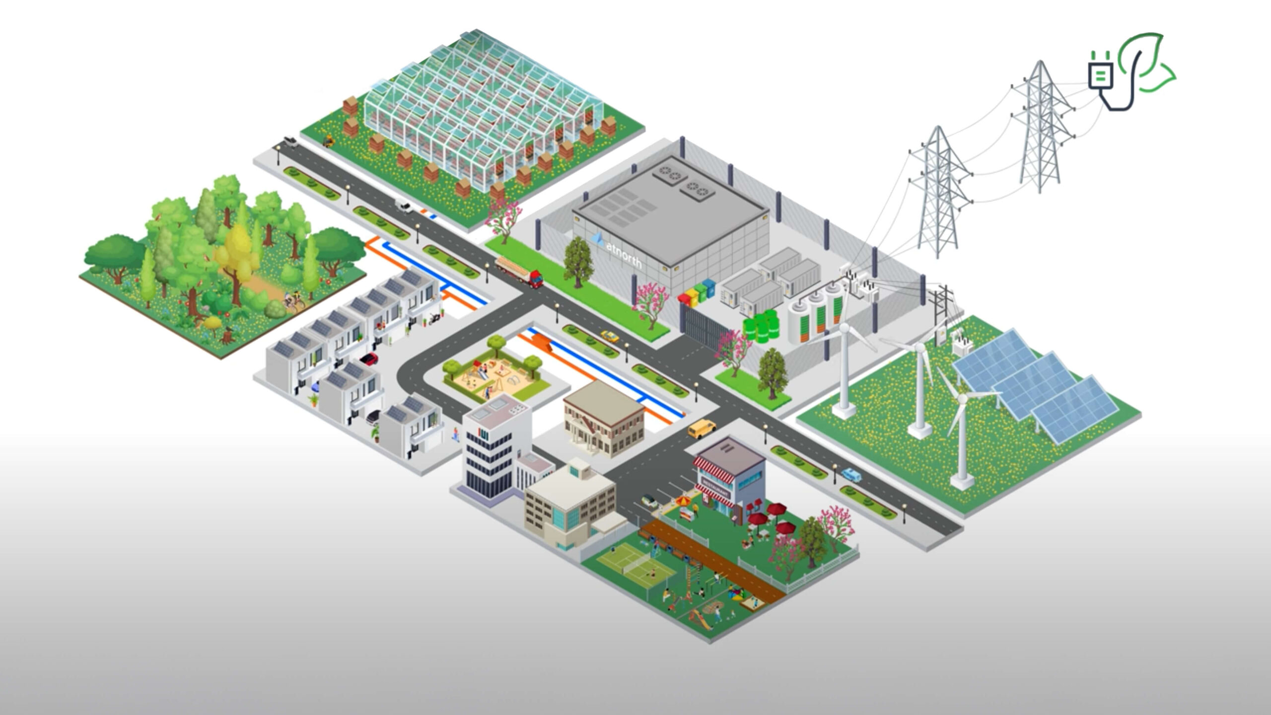 Isometric illustration of a sustainable city with solar panels, wind turbines, a power station, residential and commercial buildings, green areas, and pipelines.