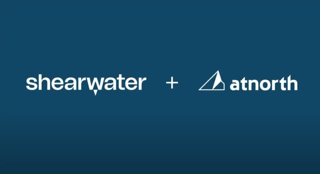 Blue background with white text: "shearwater + atnorth," featuring a triangular logo next to "atnorth.