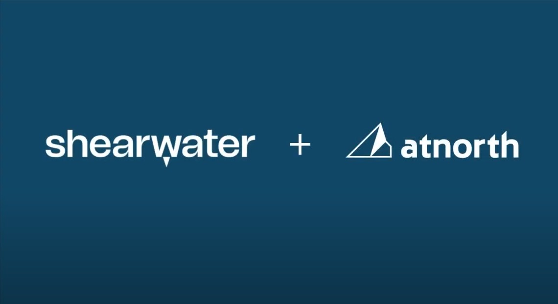Blue background with white text: "shearwater + atnorth," featuring a triangular logo next to "atnorth.