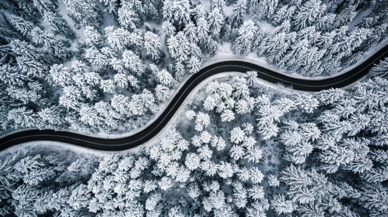 Aerial view of a winding road through a snow-covered forest with dense, frosted trees.