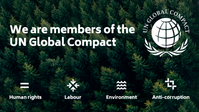 Text reads "We are members of the UN Global Compact" over a forest background, with icons labeled Human rights, Labour, Environment, Anti-corruption.
