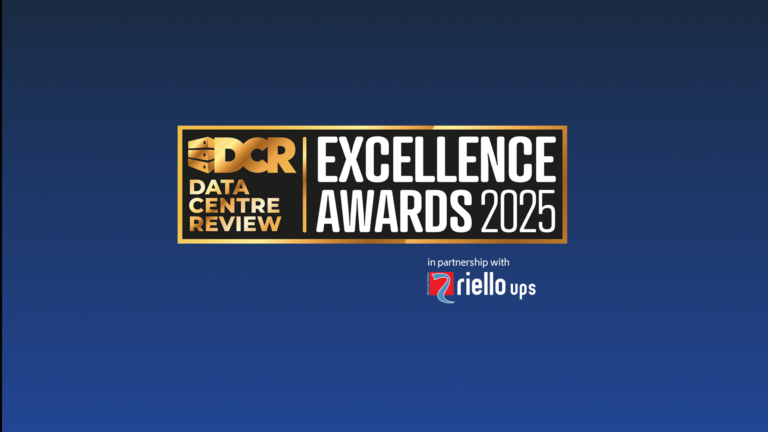 Data Centre Review Excellence Awards 2025 logo with Riello UPS partnership on a blue background.