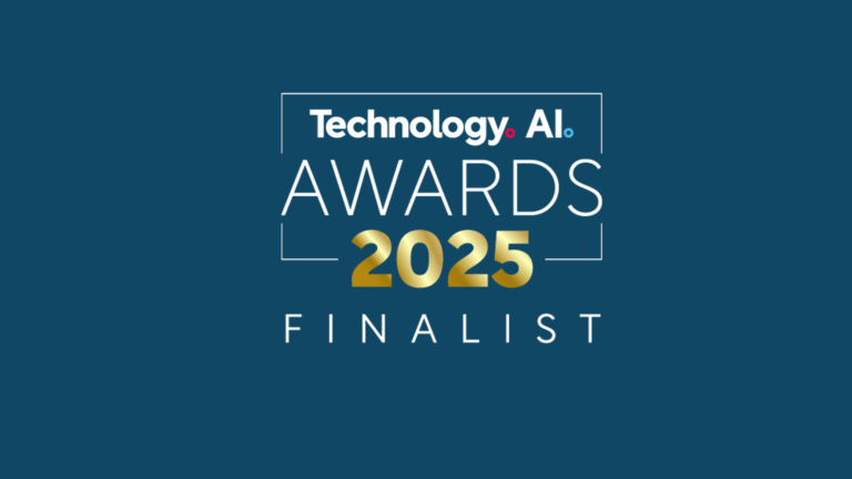 Logo for the Technology AI Awards 2025, with the words "AWARDS 2025 FINALIST" in bold gold and white text on a blue background.
