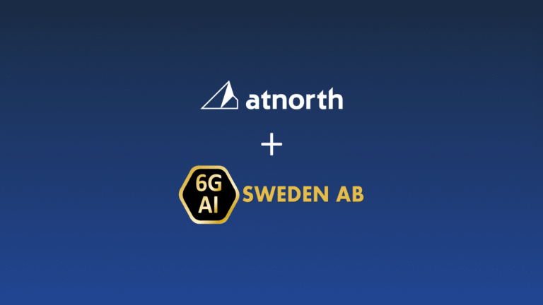 Logos of atnorth and 6G AI Sweden AB on a blue gradient background, separated by a plus sign, indicating a partnership or collaboration.