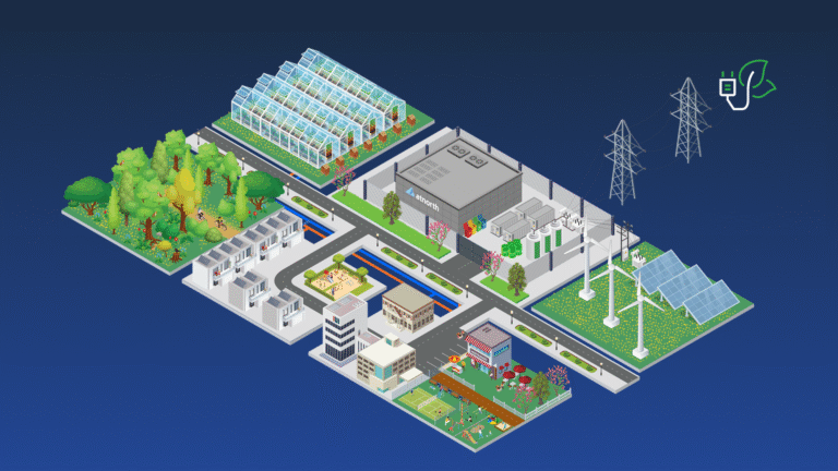 Isometric illustration of a sustainable city with solar panels, wind turbines, power lines, greenhouses, residential buildings, and trees, showcasing renewable energy and eco-friendly practices.