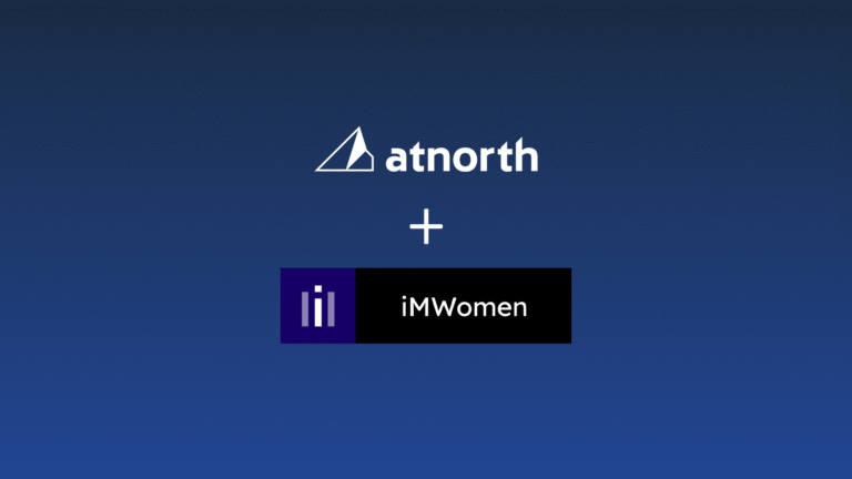 Atnorth and iMWomen logos appear above and below a plus sign on a blue gradient background, indicating a partnership or collaboration.