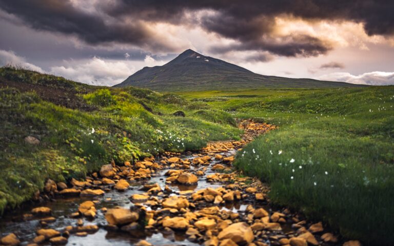 A rocky stream flows through a green meadow towards a distant mountain under a dramatic, cloudy sky at sunset.