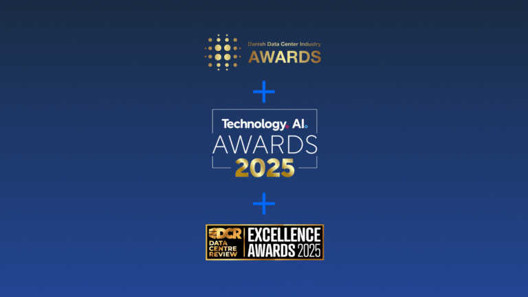 Three logos on a blue background: Danish Data Center Industry Awards, Technology AI Awards 2025, and DCR Data Centre Review Excellence Awards 2025.