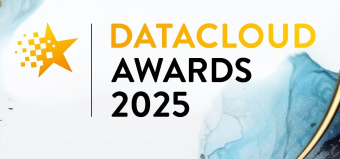 Datacloud Awards 2025 logo featuring a yellow star with digital squares on a white and blue abstract background.