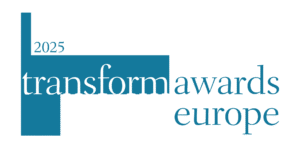 Logo for the 2025 Transform Awards Europe, featuring blue text on a black background with a geometric design element.