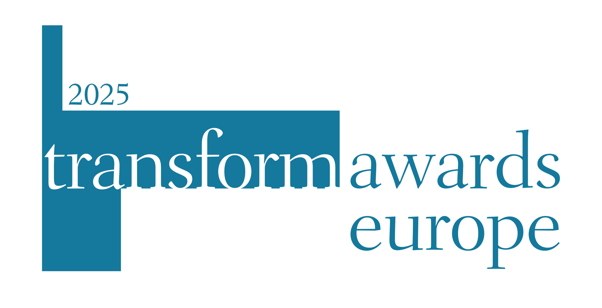 Logo for the 2025 Transform Awards Europe, featuring blue text on a black background with a geometric design element.