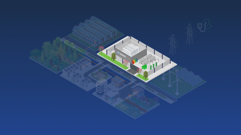 Isometric illustration of a modern facility surrounded by greenery, solar panels, wind turbines, power lines, and nearby city buildings, representing green energy infrastructure.
