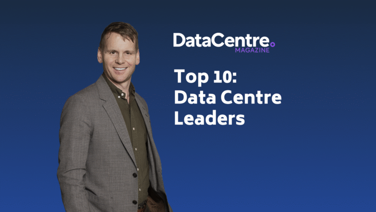 A smiling man in a brown blazer stands next to the text "DataCentre Magazine - Top 10: Data Centre Leaders" on a dark blue background.