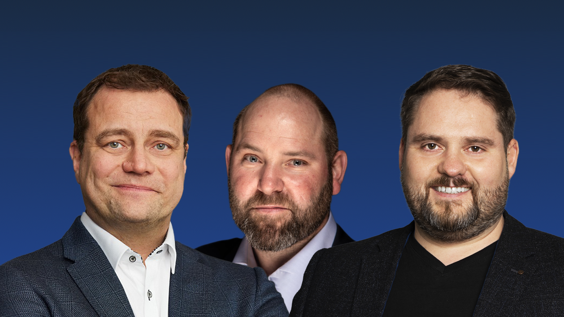 Three men in business attire standing side by side against a dark blue background, facing the camera and smiling.