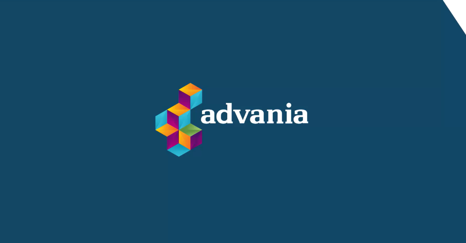 Advania logo with colorful interlocking cubes on a blue background, and white "advania" text to the right of the cubes.