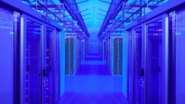 A brightly lit data center hallway with rows of glass server cabinets under blue lighting and overhead cable trays.