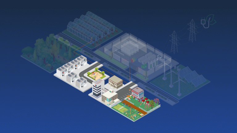 Isometric illustration showing a small neighborhood with homes, buildings, a park, a greenhouse, power lines, and solar panels in the background.