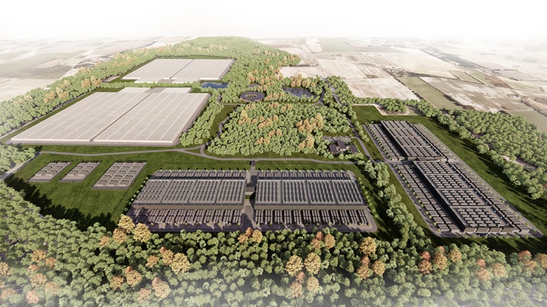 Aerial rendering of a large industrial facility surrounded by forested areas, featuring multiple rectangular buildings and orderly rows of structures.