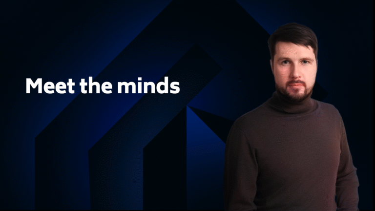 Man in a brown turtleneck stands next to bold white text reading "Meet the minds" on a dark blue geometric background.