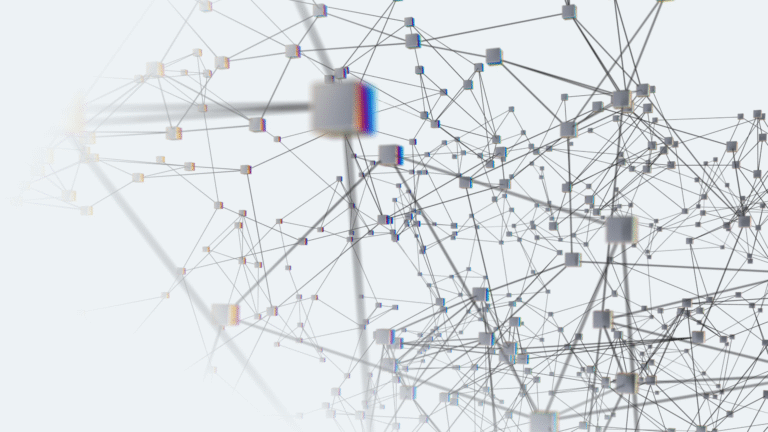 Abstract network visualization showing interconnected nodes and lines on a light background, representing data or digital connections.