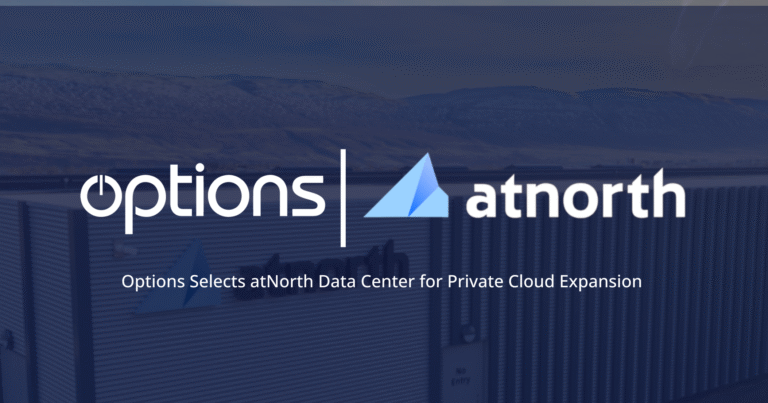 Options selects atNorth Data Center for private cloud expansion, with both company logos displayed over a data center building background.
