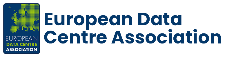 Logo of the European Data Centre Association, featuring a green map of Europe and bold blue text reading 