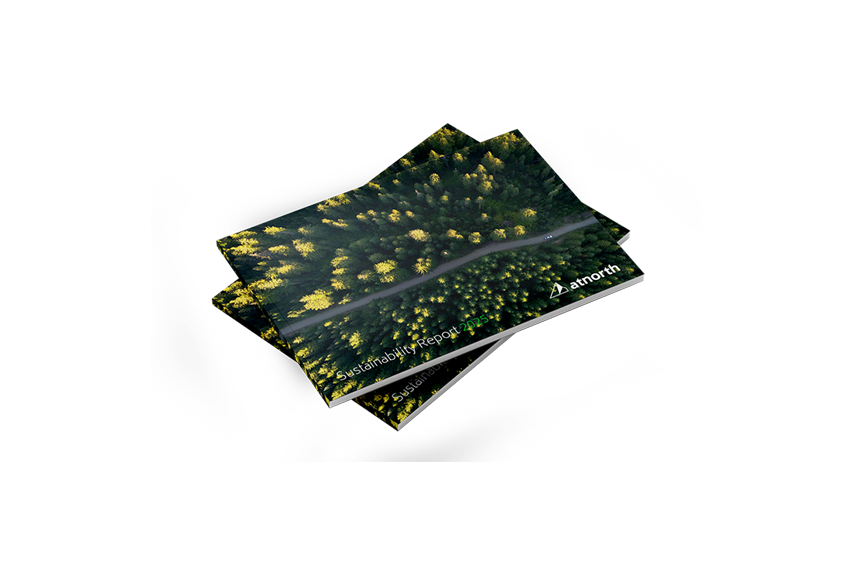 A stack of closed booklets with a cover photo of a green forest seen from above. The top booklet reads "Sustainability Report" and "anorth" in the bottom right corner, highlighting an in-depth focus on data center sustainability.
