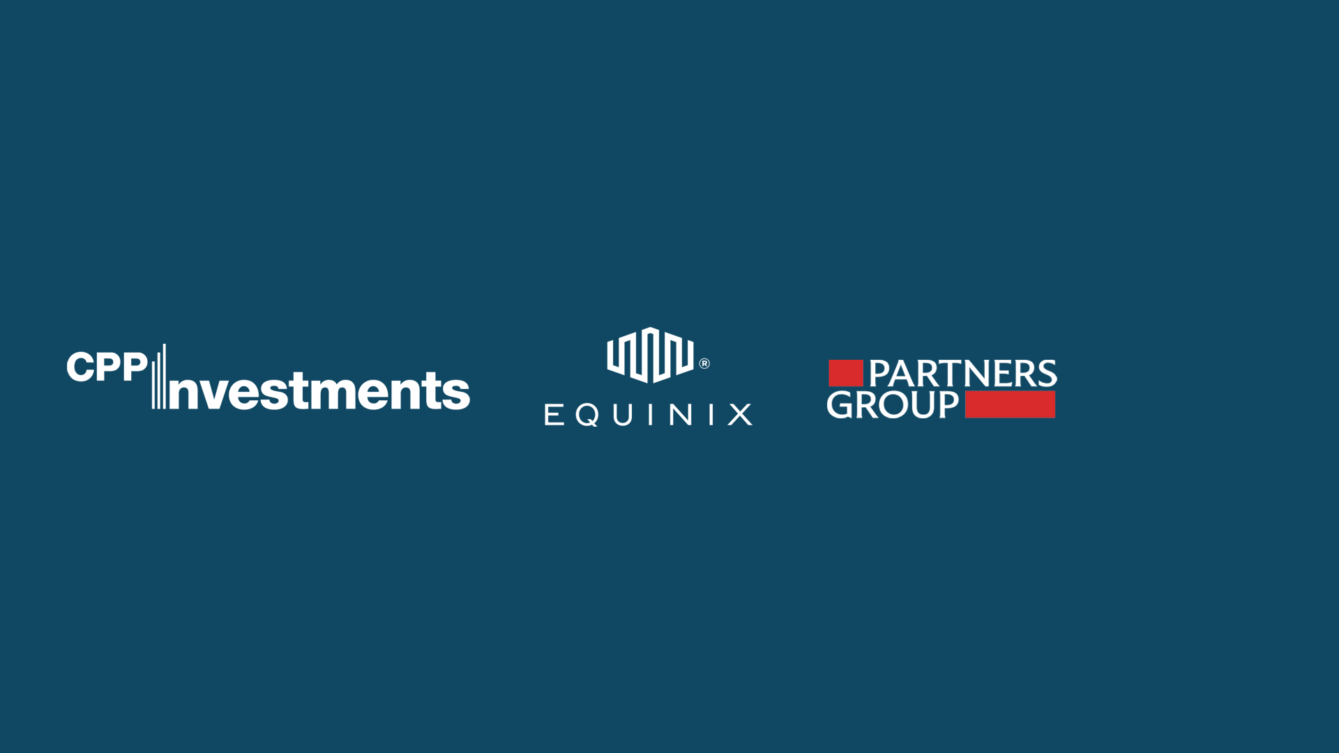 Logos of CPP Investments, Equinix, and Partners Group are displayed side by side on a solid dark blue background.