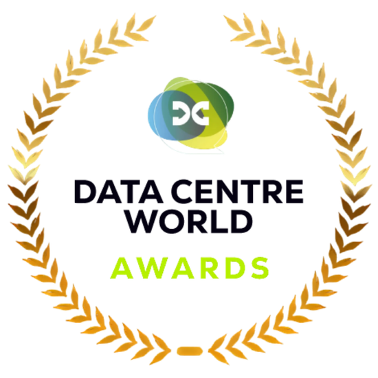 Gold laurel wreath surrounding the “Data Centre World Awards” logo, with “Awards” highlighted in light green below the main text.